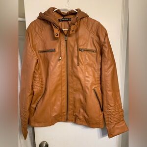 Newstyle Tan Faux Leather Hooded Jacket